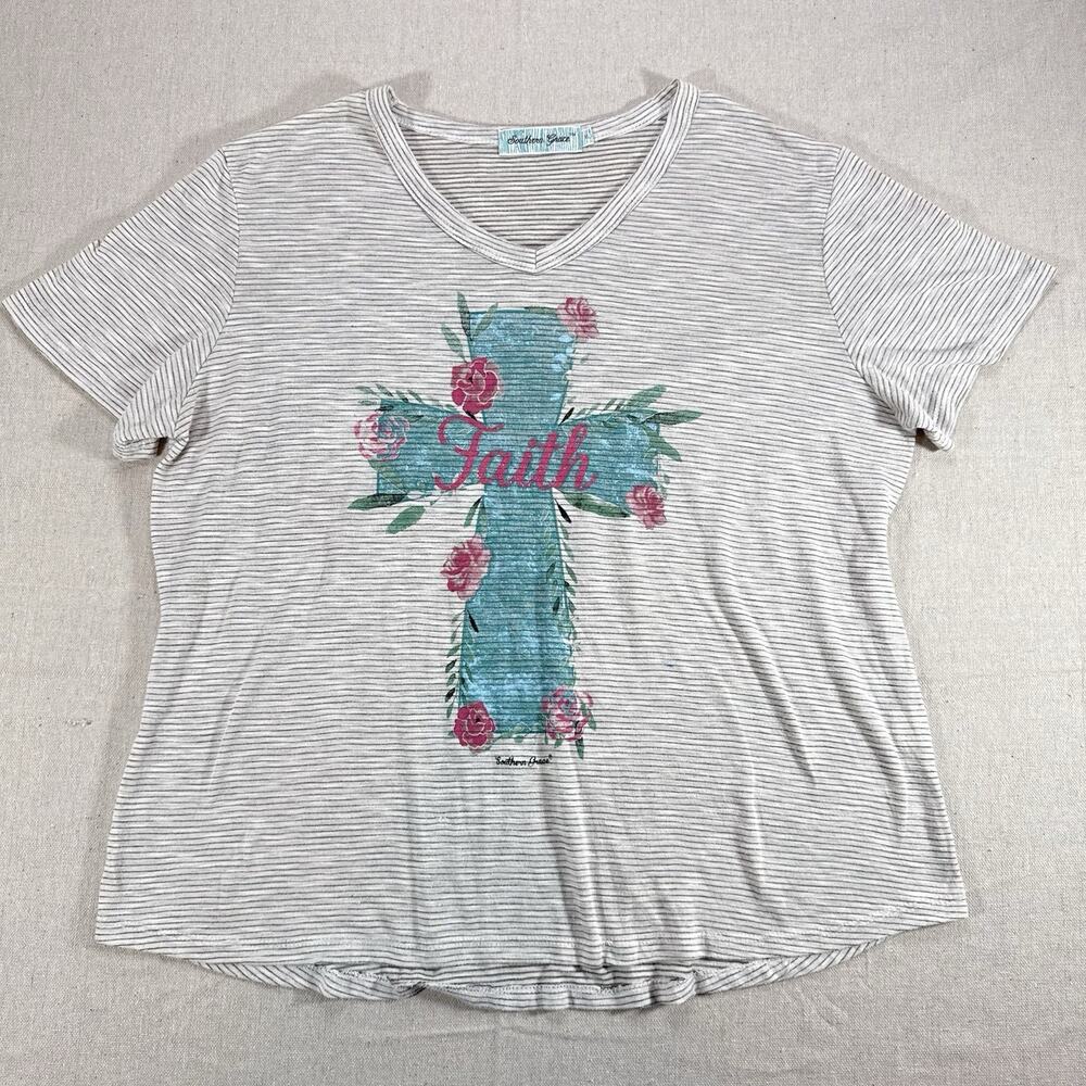 Southern Grace Womens Striped V-Neck Faith Cross Graphic Tee Short Sleeve XL